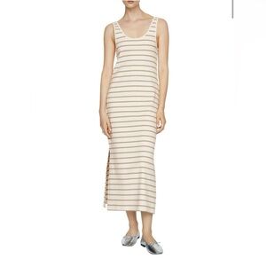 NEW Mng Mango 100% Cotton Cream And Sage Green Striped Maxi Tank Dress Side Slit